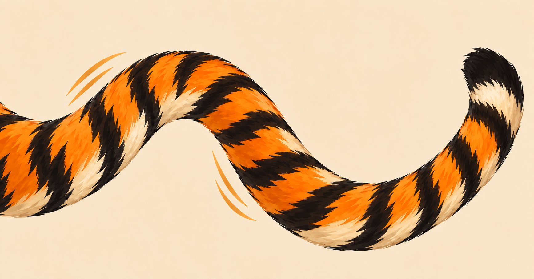 Illustration of a striped tiger's tail curving across a plain background.
